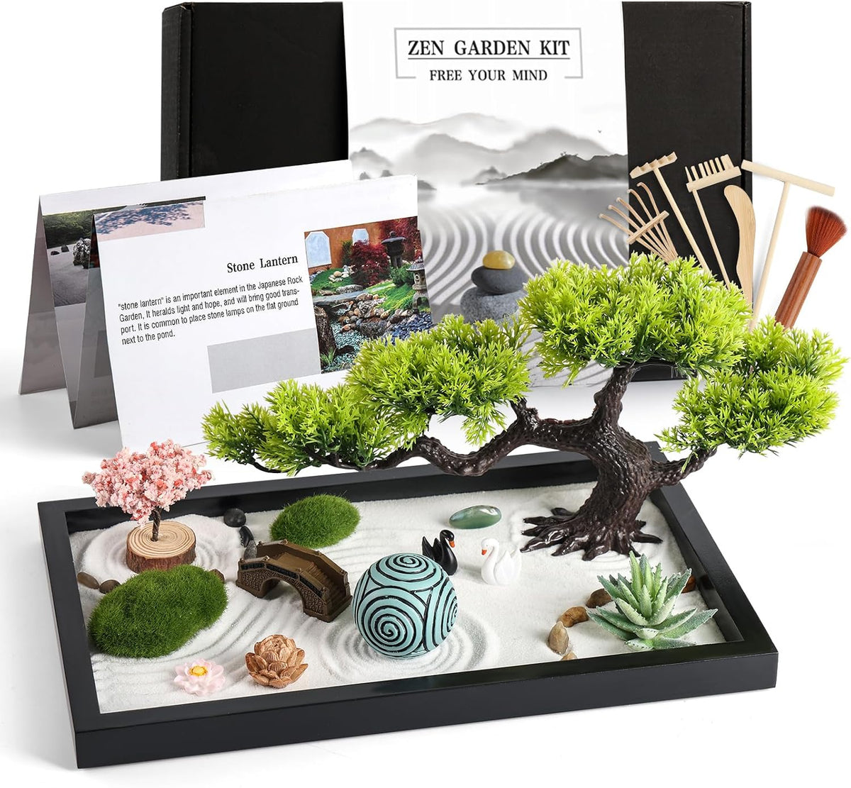 Thaibear desk zen garden kit with black wooden tray, white sand, stones, bonsai and bridge