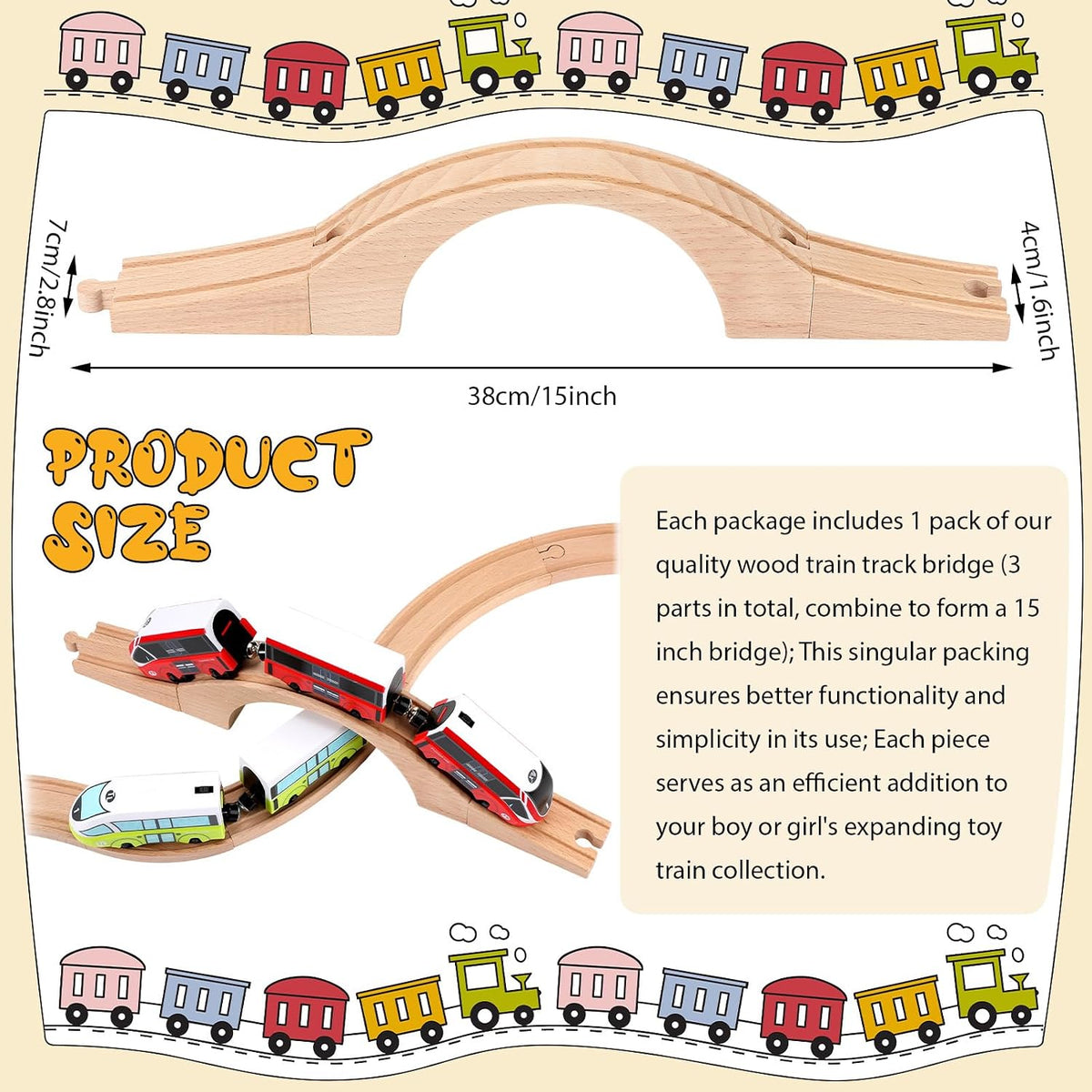 Kigley wooden train track bridge with natural unprinted wood finish and one arch design - view 2