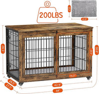Lulive Dog Crate Furniture, XL Wooden Dog Kennel Indoor Double Doors Dog Cage, 44'' Heavy Duty Dog Crate with Cushion & Wheels, Decorative End Table Pet House Chew-Resistant for Large Dogs, Brown