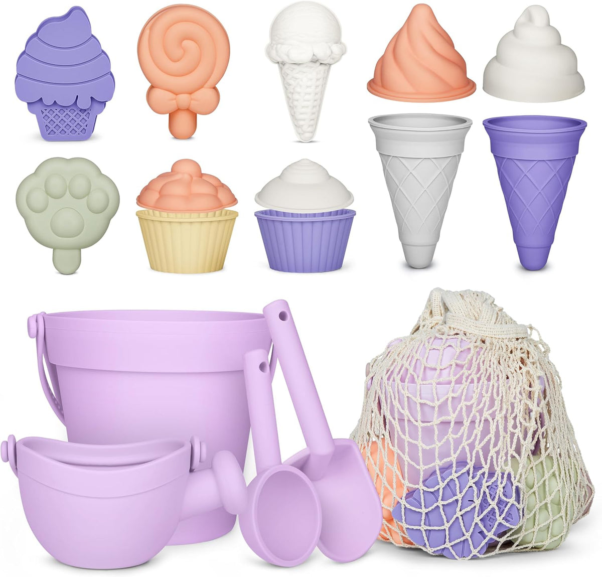 MarcZero silicone beach toys set with bucket, watering can, shovel and sand molds in pink - view 2