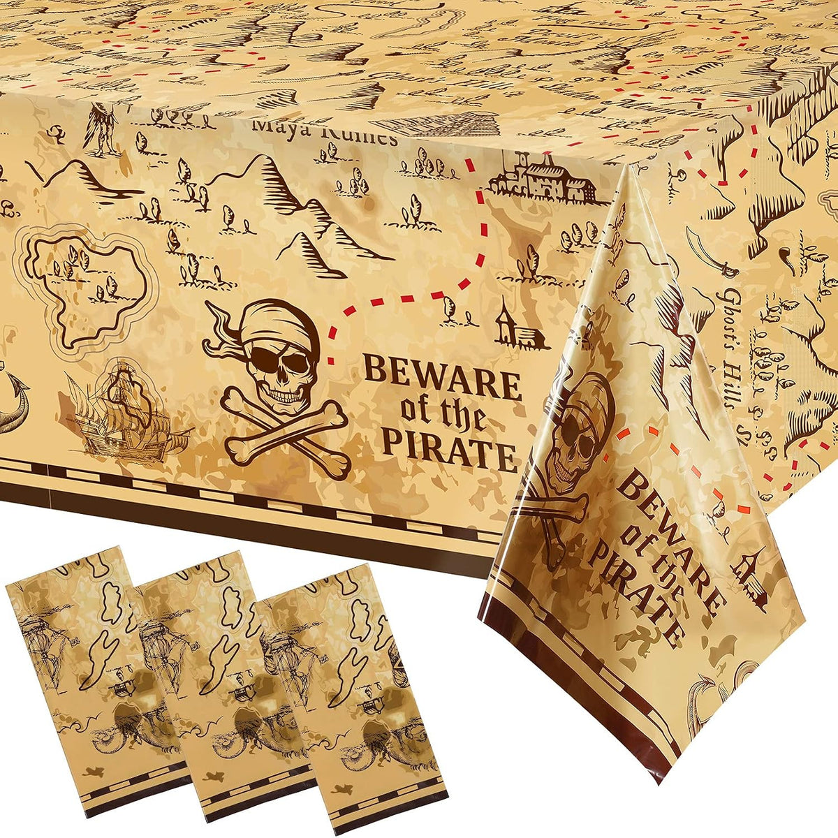 Irenare pirate tablecloth printed with a treasure map, skeleton, boat, mountain and treasure chest - view 3
