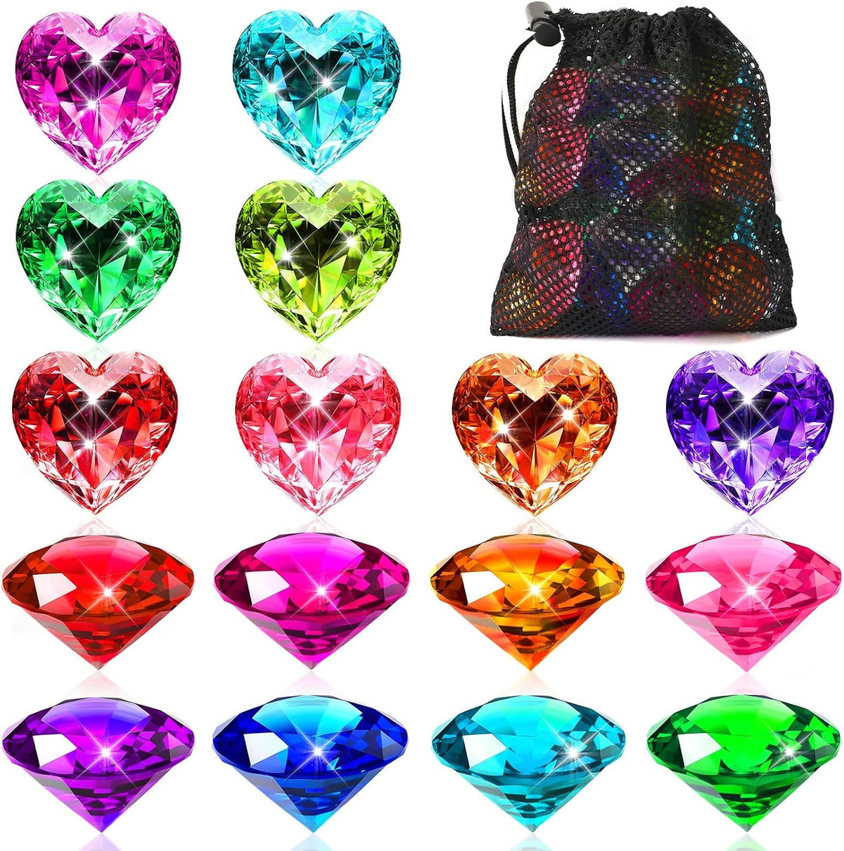 MARFOREVER pool dive gems, 8 diamond and 8 heart shaped acrylic gems with storage bag - view 2