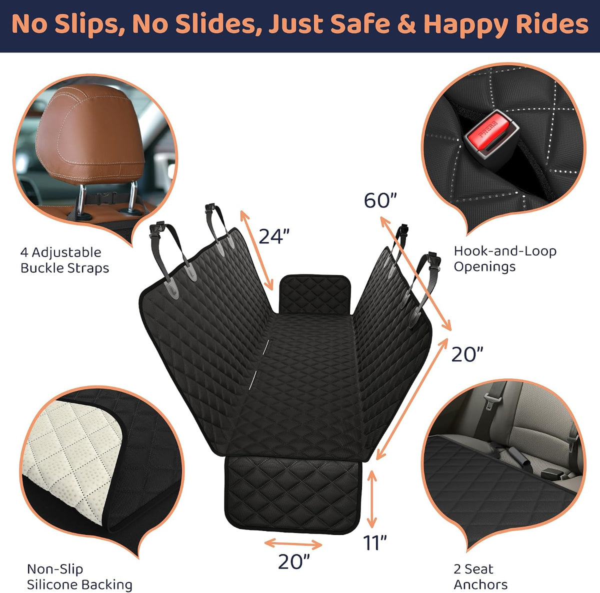 Dog Car Seat Cover for Back Seat, Dog Hammock for Car, SUV - Black / XL 60"W- Trucks & Full-Size SUVs - image 3