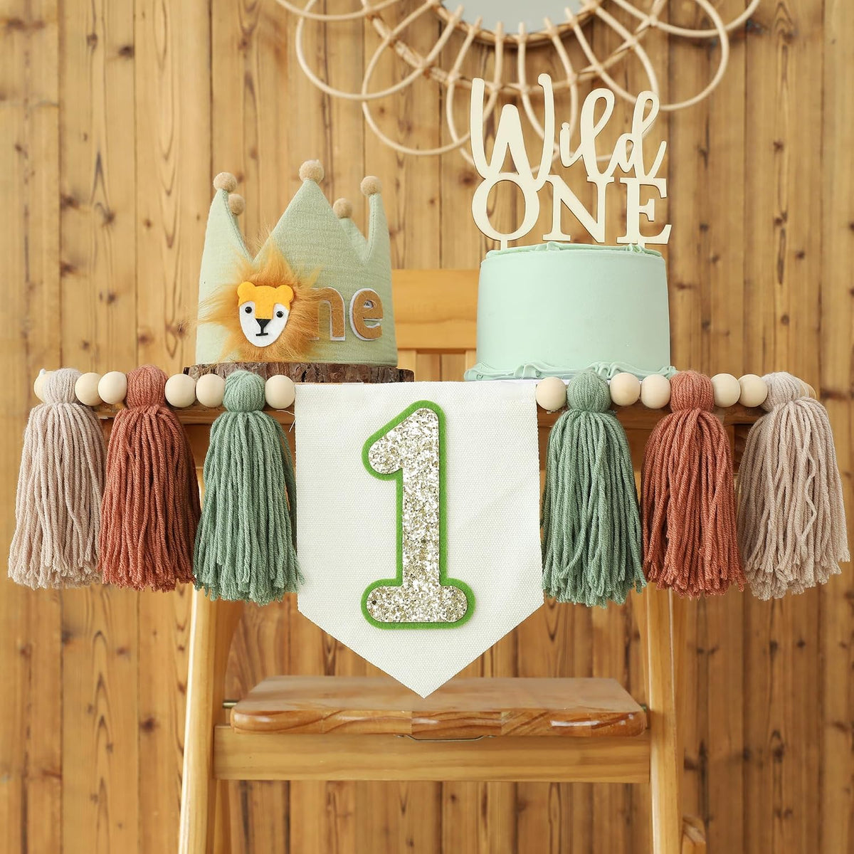 First Birthday Decorations for Boy Blue One Year Old High Chair - Green Lion