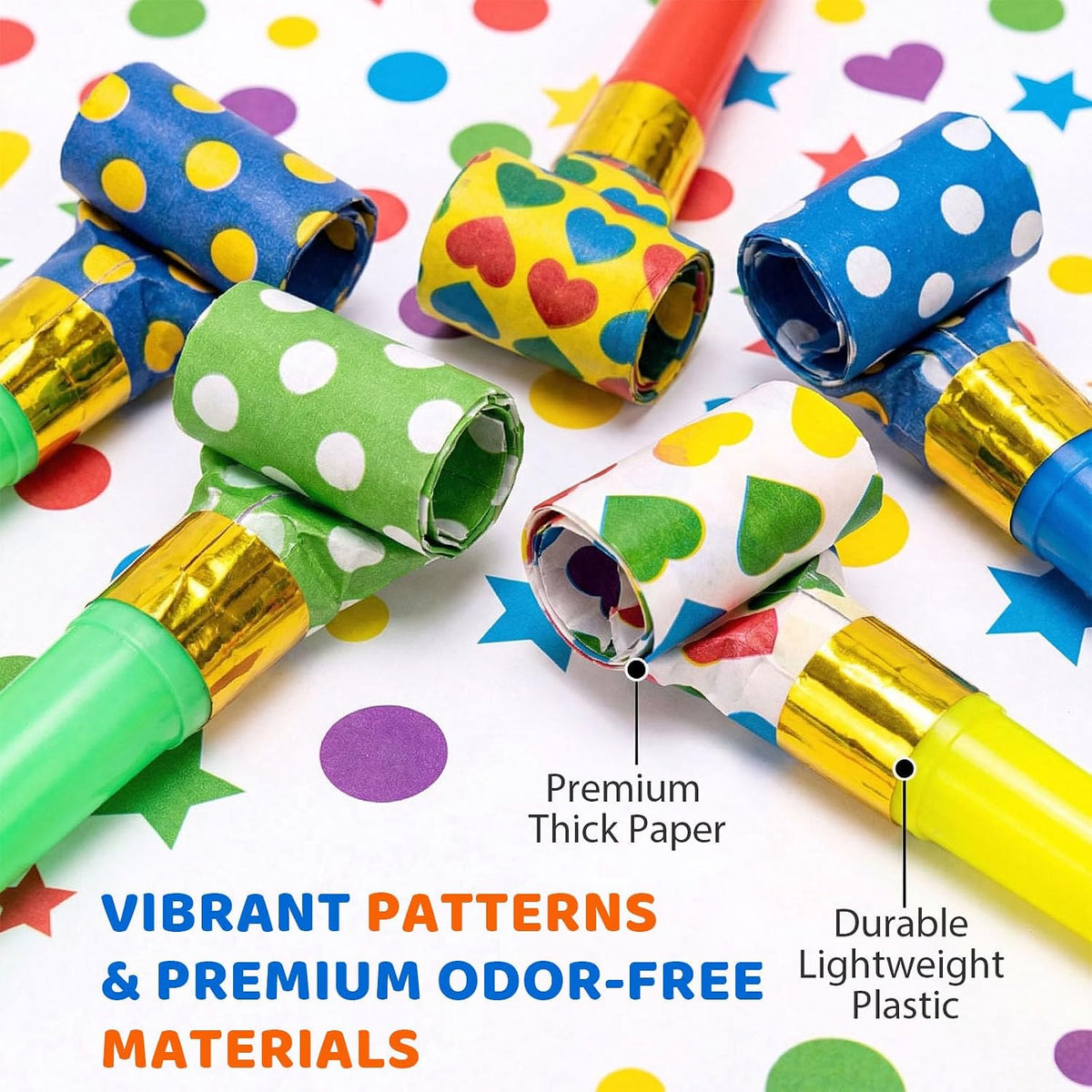 LovesTown party blowers noisemakers, 40 colorful blowouts with polka dots, hearts and stars - view 2