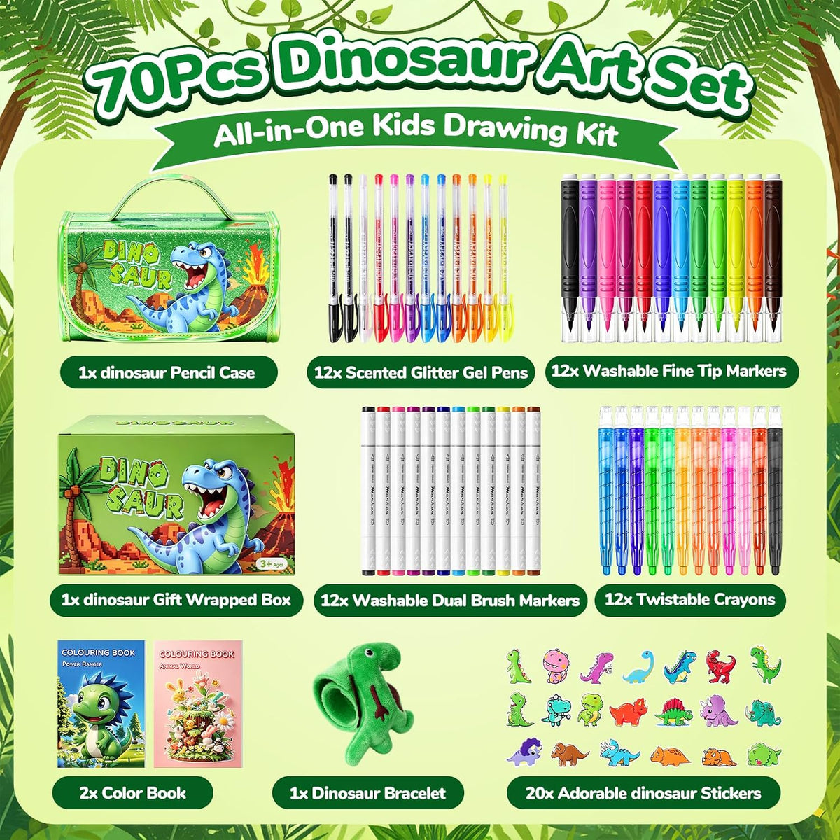 DreamyCandy 70 Pcs Washable Markers Set for Kids 4-8 - Green Dinosaur - image 2