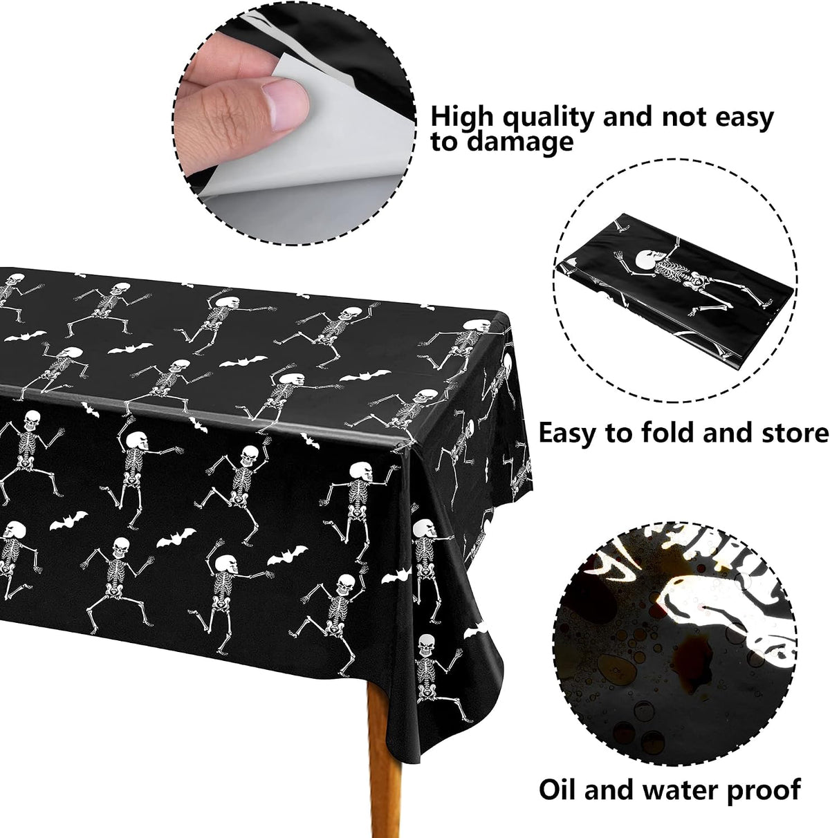 Iceyyyy Halloween skeleton tablecloth, black plastic table cover with skeleton print - view 14