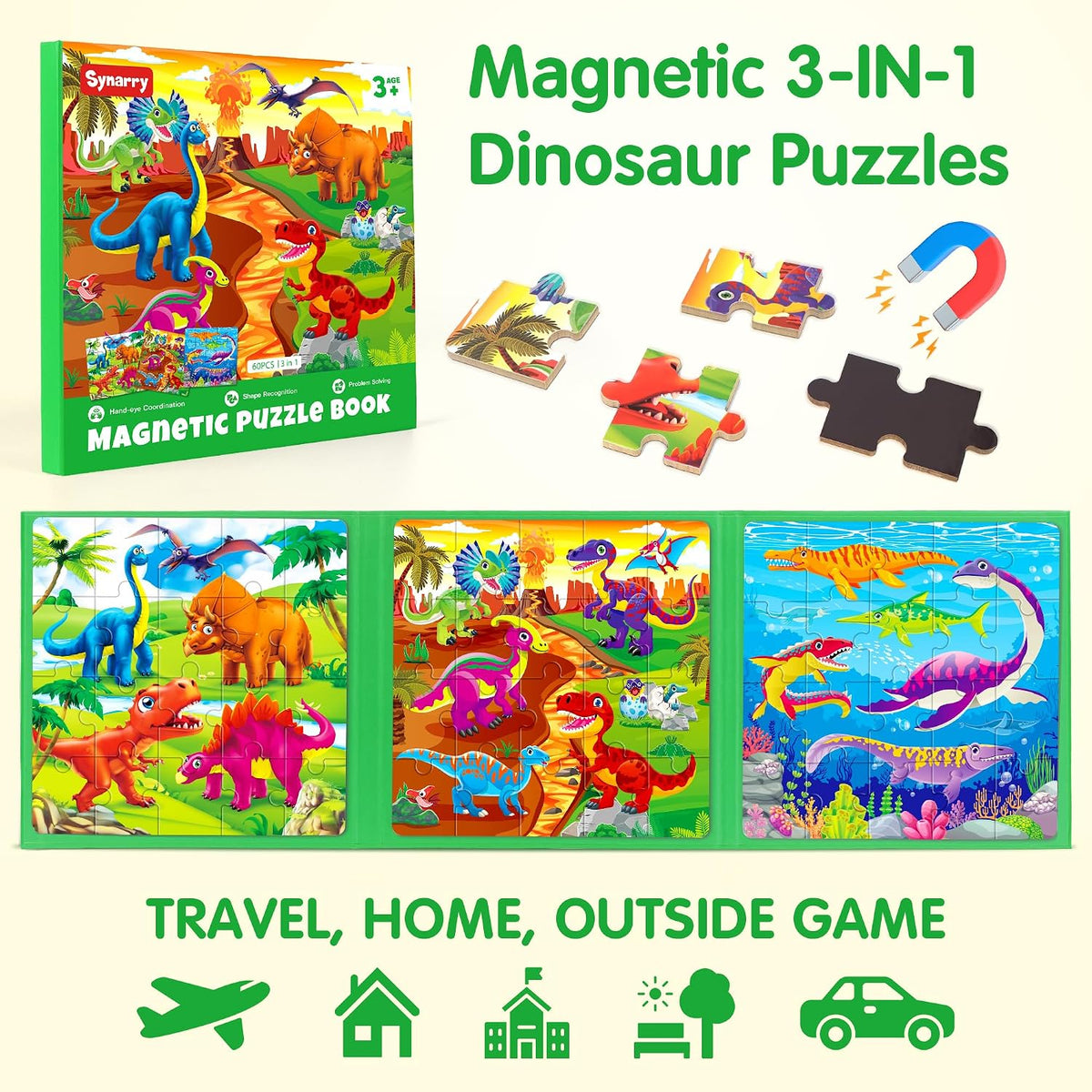 SYNARRY magnetic dinosaur puzzle book with three colorful dinosaur scenes - view 12