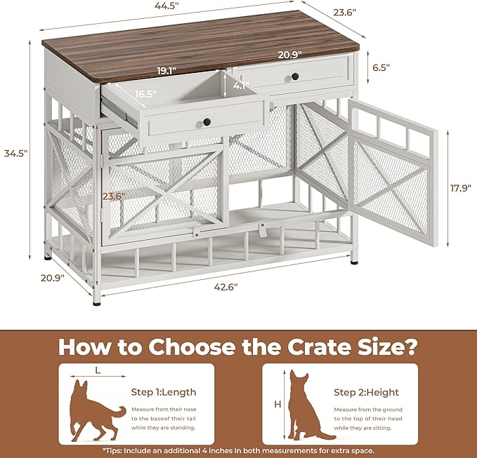 IRONCK 44 inch Large Dog Crate Furniture, Wooden Dog Kennel with Storage Drawers for Medium/Large Dogs, Decorative Dogs Kennel Indoor, White and Walnut