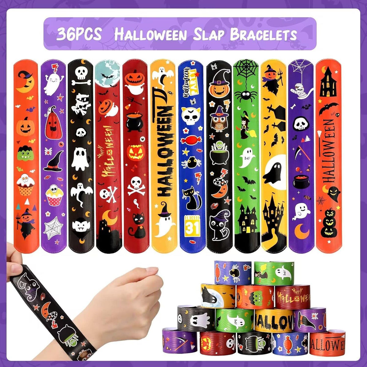 MGparty Halloween party favors, 72 slap bracelets and rubber wristbands with spooky designs - view 3