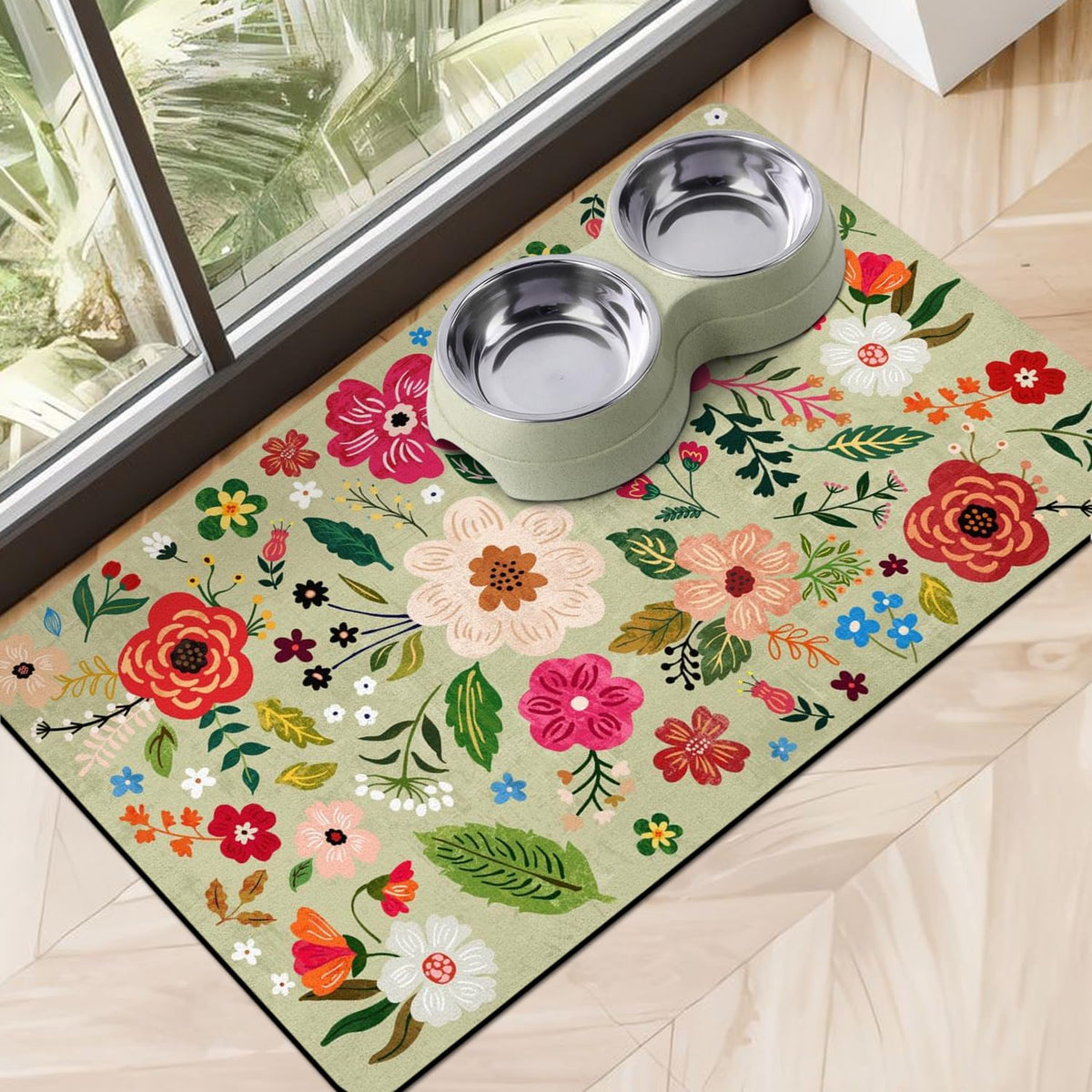 Dog Food Mats for Floors, Absorbent Dog Bowl Mat for Food and Water Dispenser, Quick Dry Cat Food - Green / 24"L x 16"W