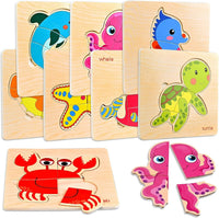 8pcs Wooden Puzzles for Toddlers 1-3, Toddler Puzzles Ages 2-4 – Fun for Kids & Family - Marine Animals