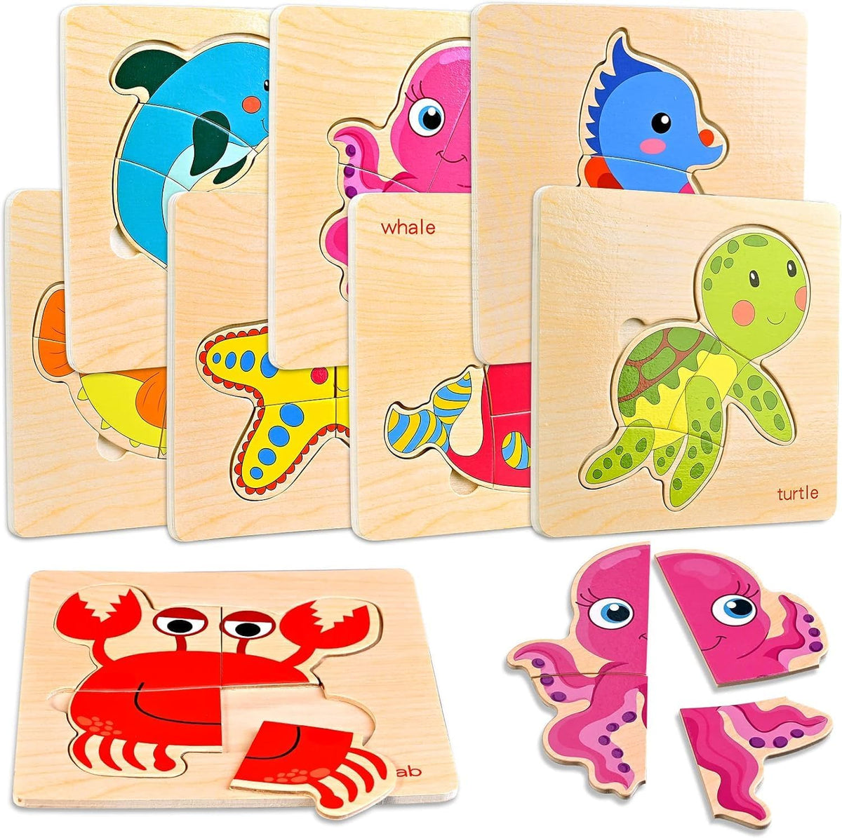 8pcs Wooden Puzzles for Toddlers 1-3, Toddler Puzzles Ages 2-4 – Fun for Kids & Family - Marine Animals