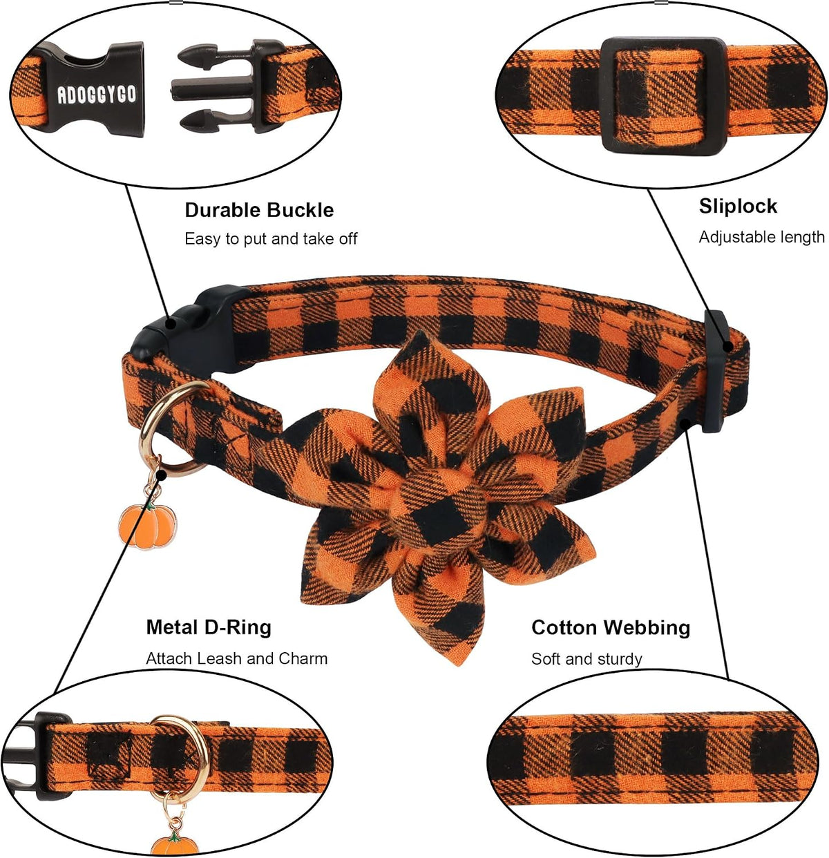 ADOGGYGO Fall Plaid Dog Collar 2 Pack, Thanksgiving Dog Bow Tie - X-Large / Fall Flower - image 4