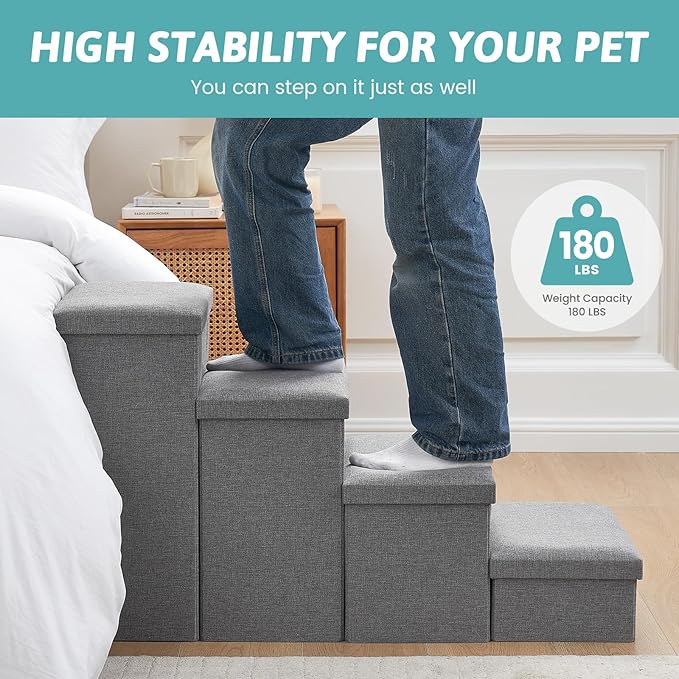 Dog Stairs with Storage, 4-Step Wider Sturdy Dog Steps for Small/Medium/Large Dogs and Older Cats, Folding Doggie Ramp for Bed/Couch/Car Hold Up to 180 lbs (22" H, Grey)