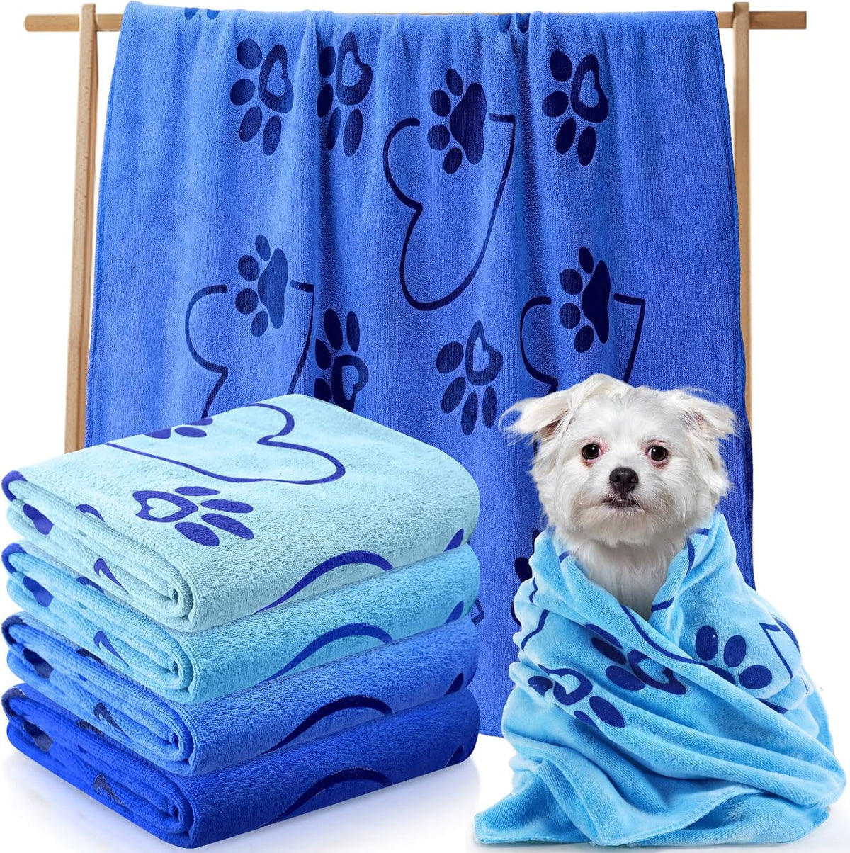 Fanfanwin 4 Pcs Dog Bath Towels Microfiber Drying Dog Towel Absorbent - Blue