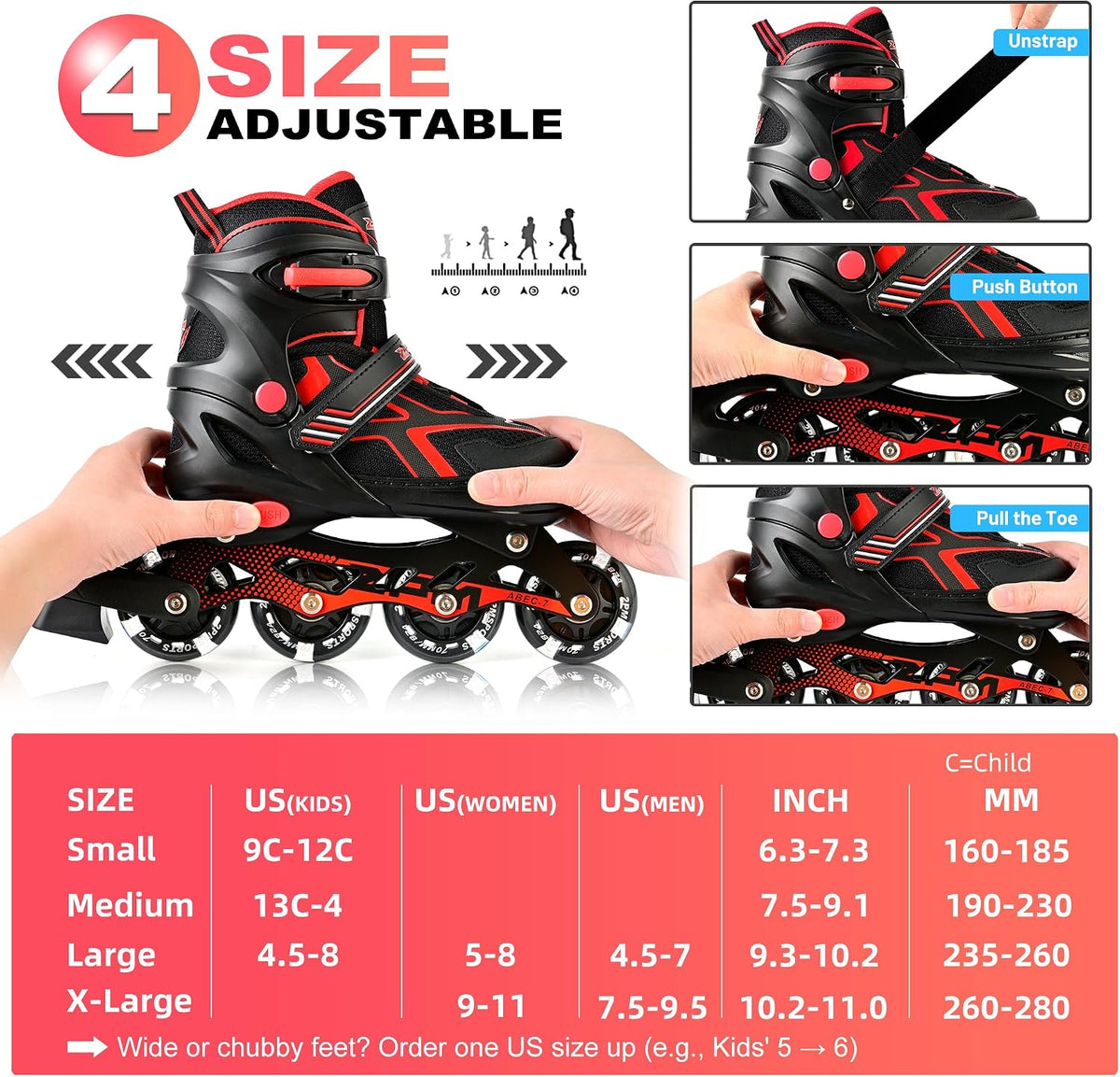 2PM SPORTS Adjustable Inline Skates for Kids, Youth and Adults – Fun for Kids & Family - B Red / Large - Youth (4.5-8 US) - image 3