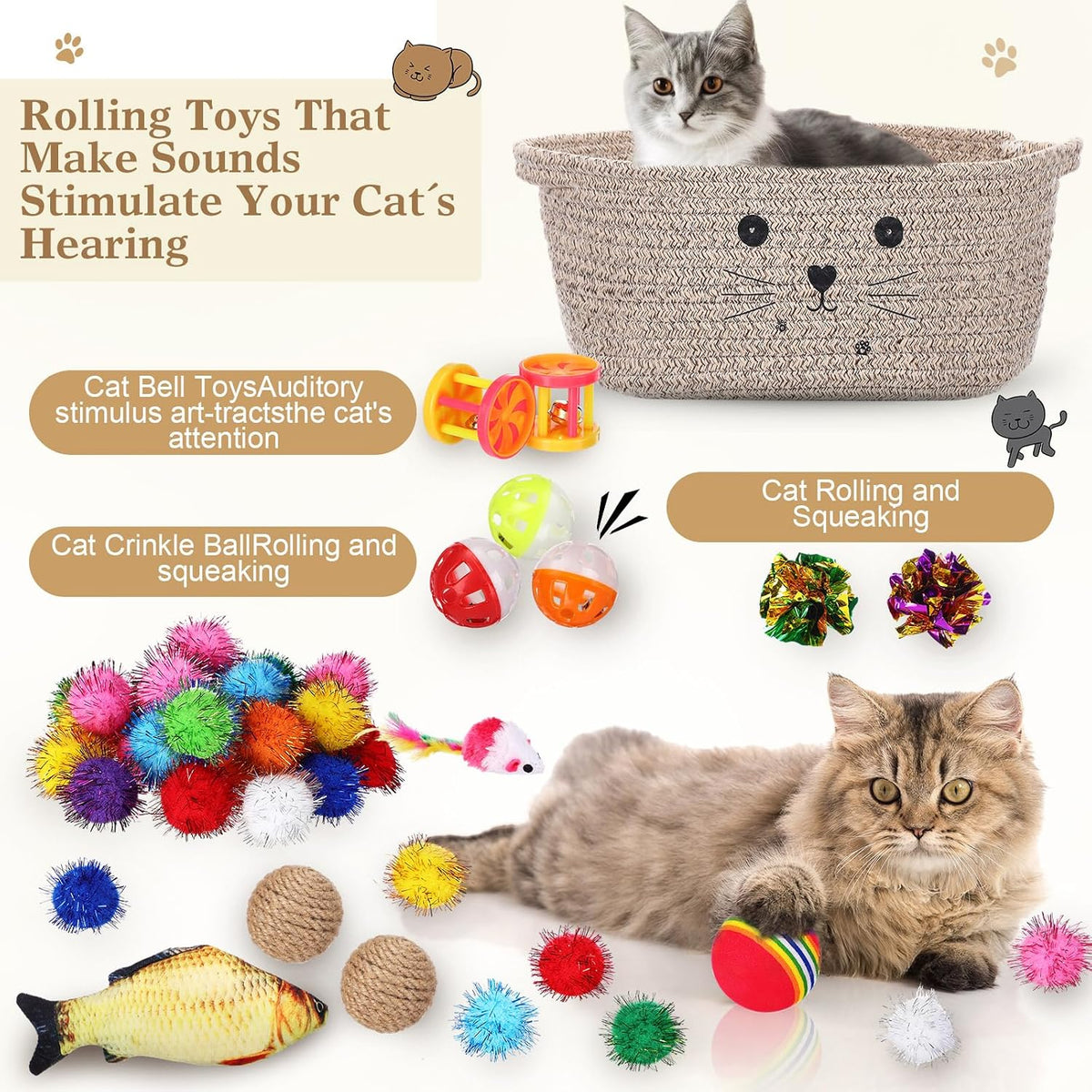 Zopeal 58 Pcs Cat Toy Set with Storage Basket Indoor, Grey - Dark Brown / 12 Inch - image 3
