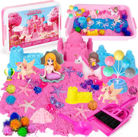 Tcvents unicorn sensory bin with pink sandbox, play sand, castle molds and unicorn figures - view 2