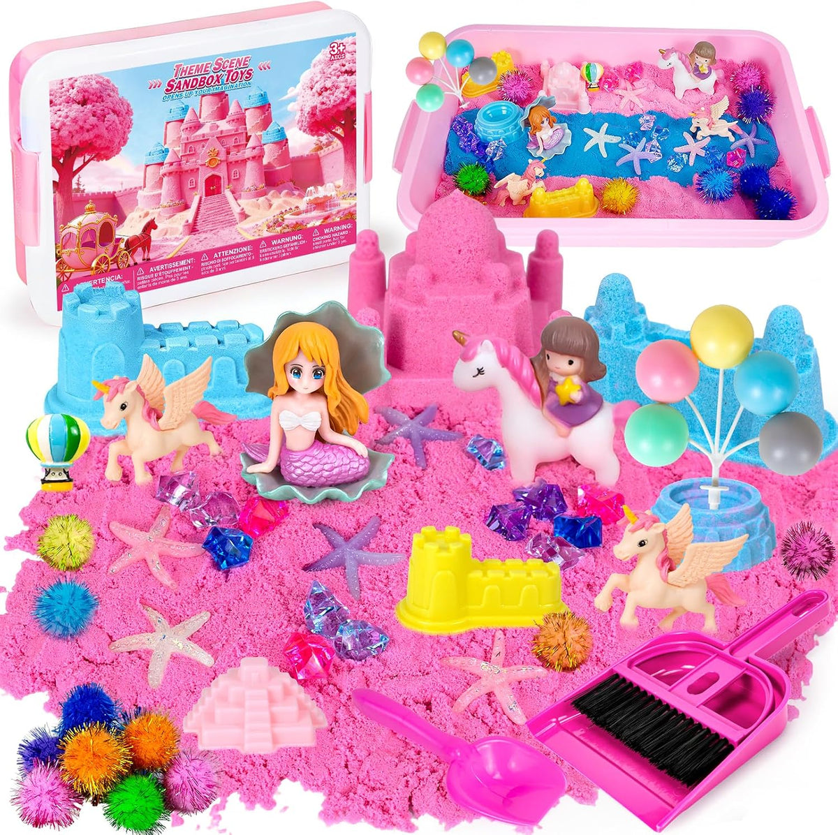 Tcvents unicorn sensory bin with pink sandbox, play sand, castle molds and unicorn figures - view 2