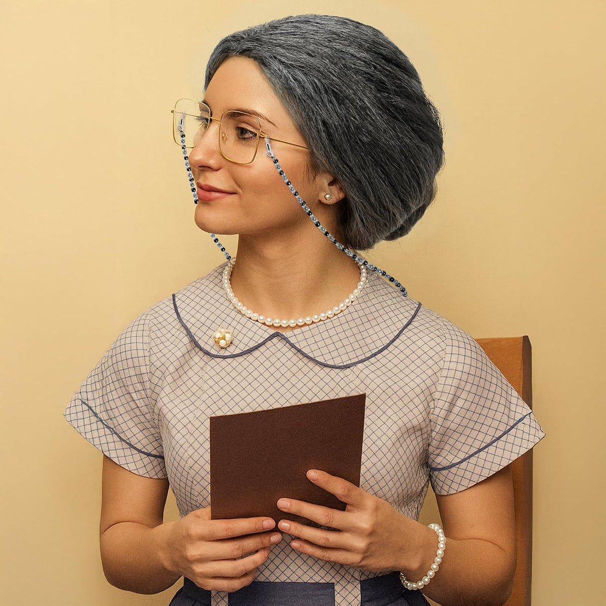 Huskein Old Lady Costume, Old Lady Cosplay Silver Bun Wig Glasses Wig Cap Pearl Necklace Bracelet - Blackwhite-bun - image 4