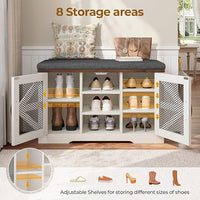 Farmhouse Storage Bench with Cushion, Metal and Wood Shoe Rack Organizer, Adjustable Shelf, Shoe Cabinet with Half Hidden Storage Space, for Entryway, Bedroom, Living Room (Old White, 31.4in)