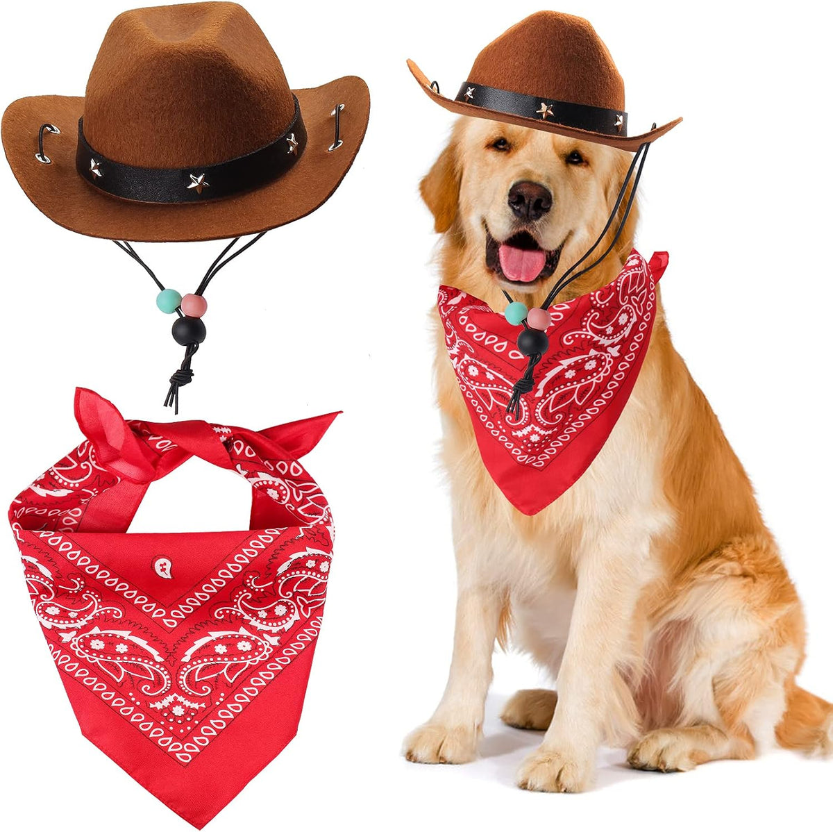 Yewong pet cowboy hat with chin strap and red paisley bandana
