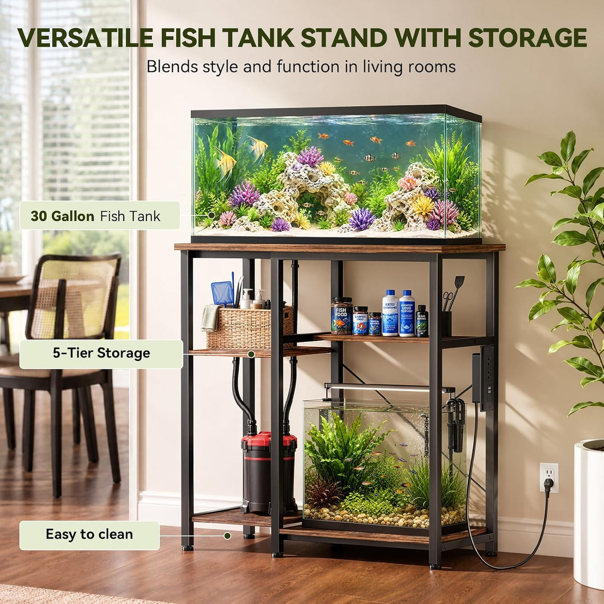 5-10 Gallon Fish Tank Stand with Storage Shelves - Rustic Brown / 40 Gallon-3 Tier - image 3