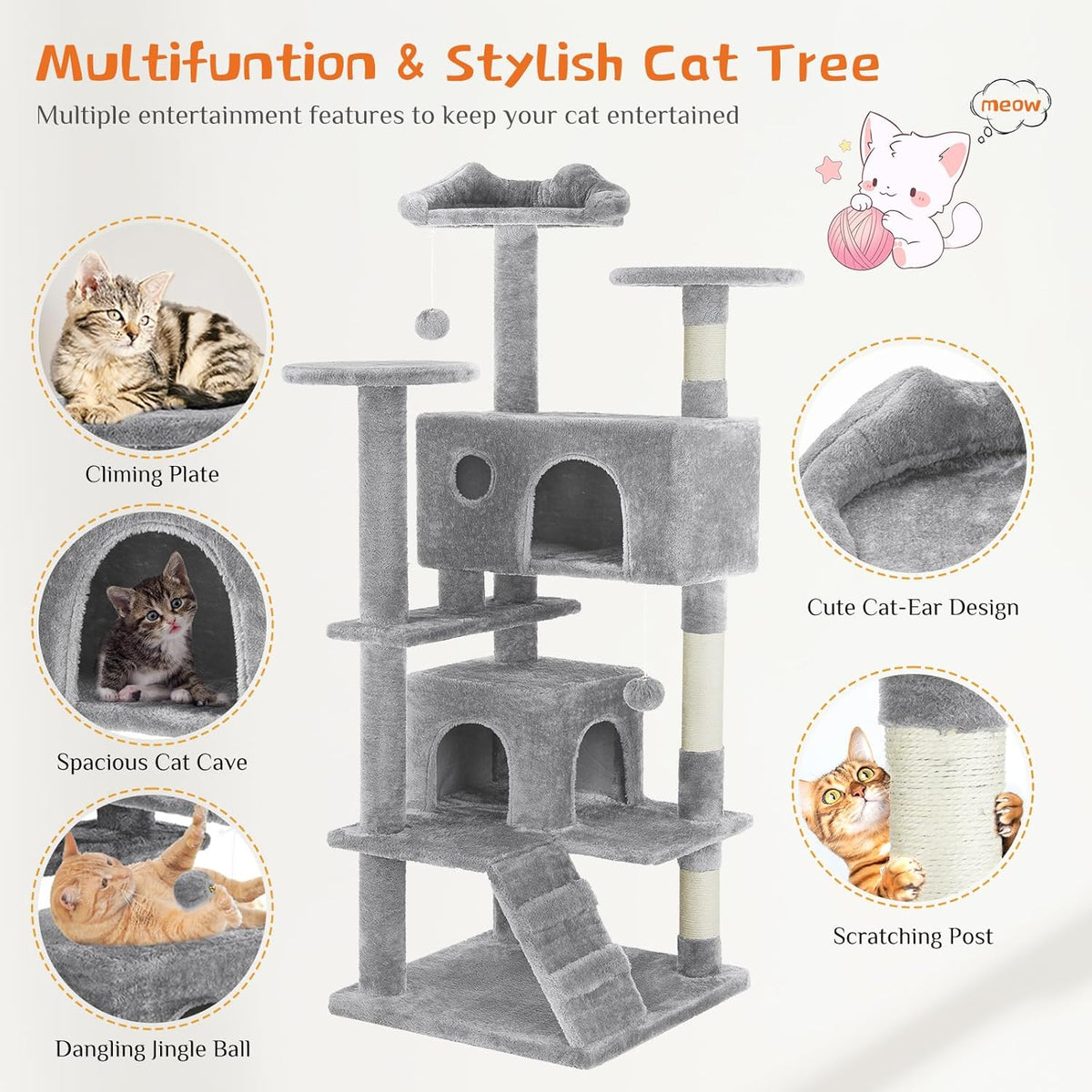 Sweetcrispy 54-inch Cat Tree Tower with Scratching Posts - Light Grey / 54*20*20IN - image 4