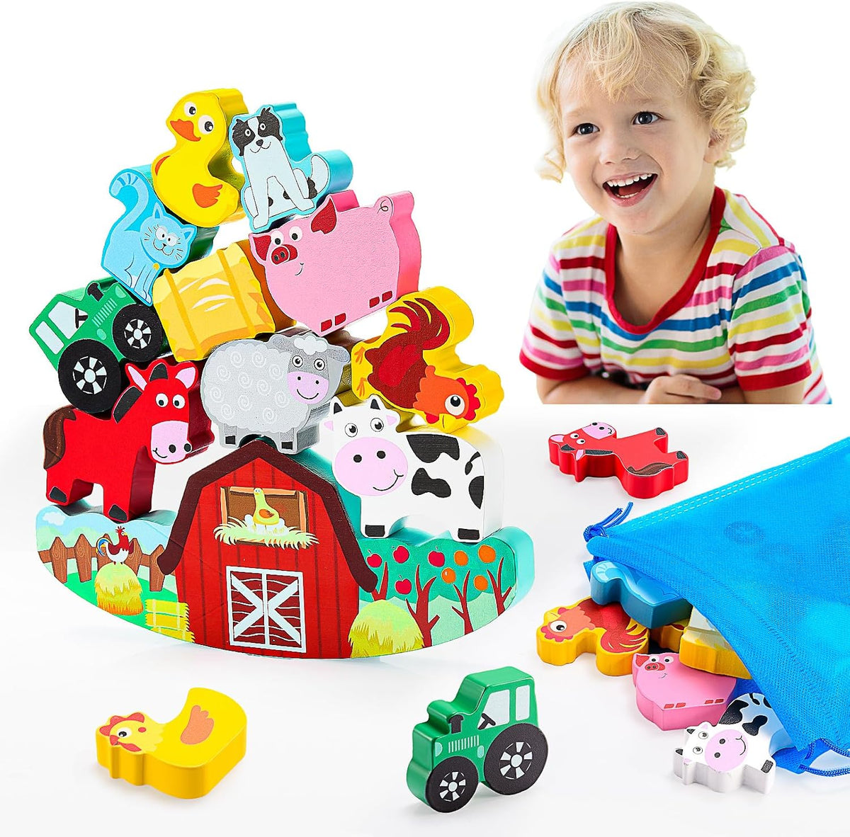 IPOURUP Dinosaur Toys for Kids 3-5: Wooden Stacking Montessori Toys - Animal Blocks