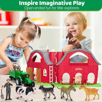 Ellinjan red barn farm playset with plastic farm animal toys, a green tractor and a farmer - view 4