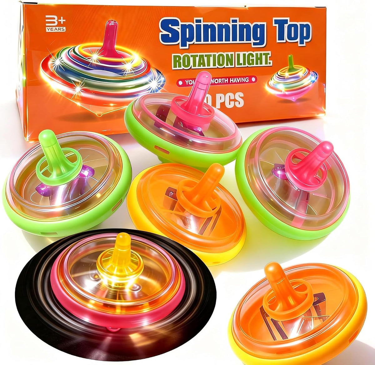 PROLOSO light up spinning tops, 100 pack of LED mini tops in orange, green, yellow and pink
