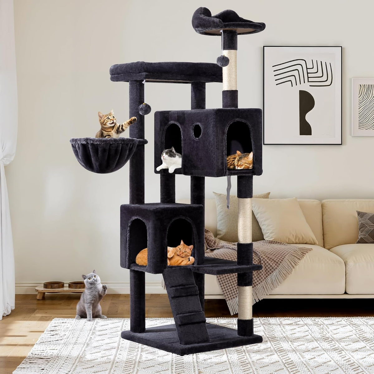 Allewie 64 Inches Cat Tree Tower/Multi-Level Activity Center - Dary Grey