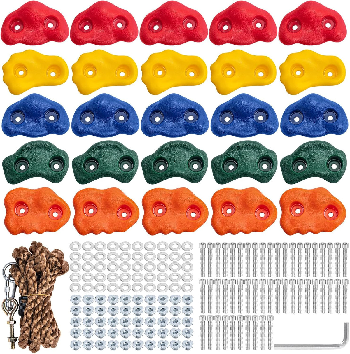 CMOOD 25 rock climbing holds for kids in 5 colors with knotted rope and bolts