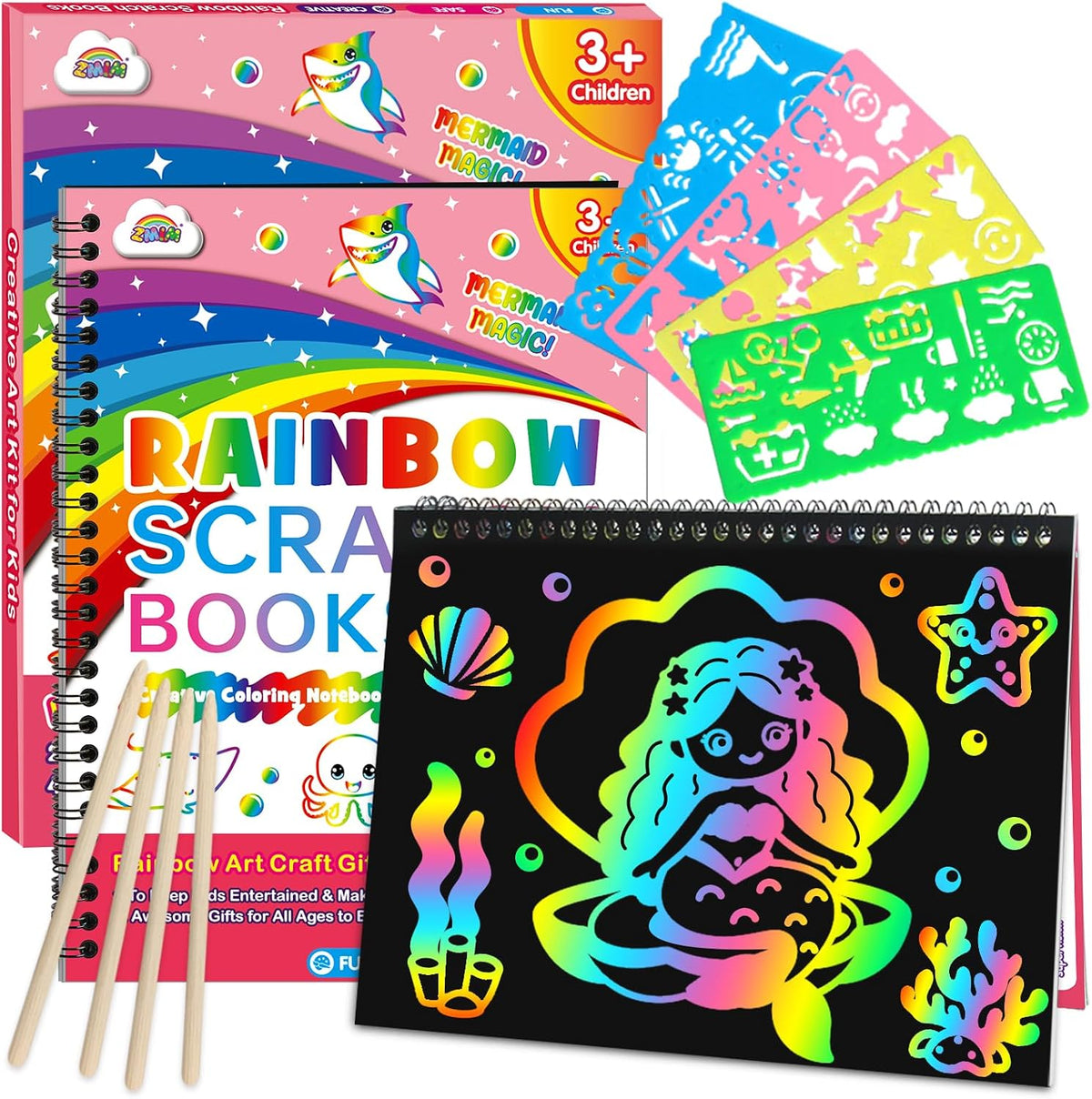 ZMLM Scratch Paper Art Craft: 2 Pack Rainbow Scratch Set for 3 4 5 6 - Mermaid