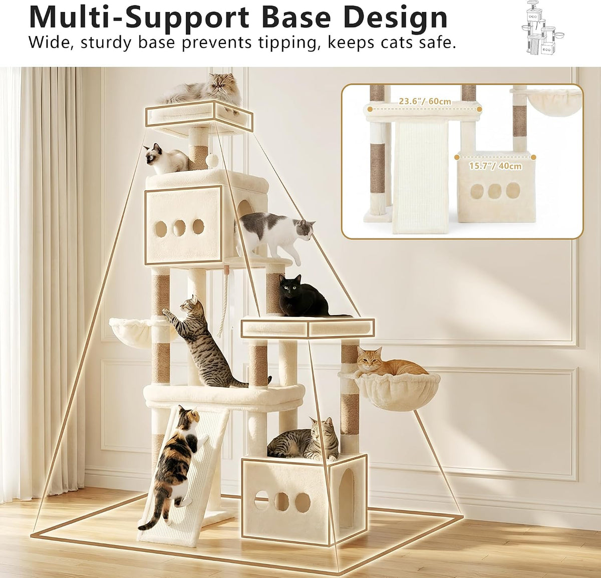 Heybly Cat Tree 72.4-Inch Anti-Tip Cat Tower with Spacious Perches - Beige / 72.4 inch - image 2