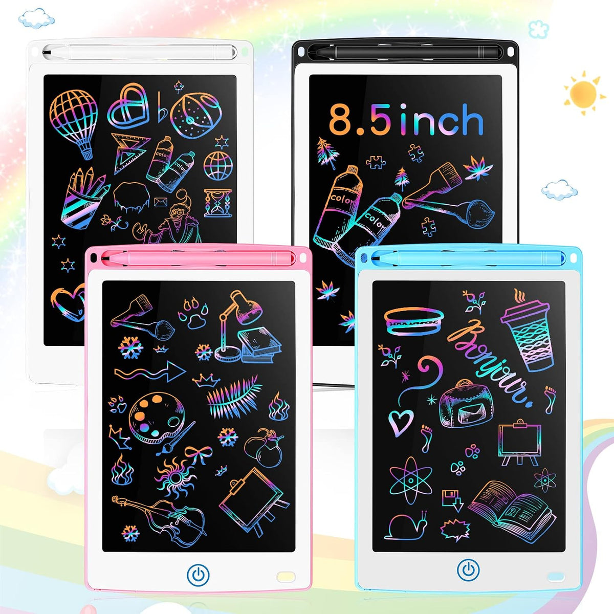 Zonon 4 Pcs LCD Writing Tablet for Kid, Red, Green, Pink - Light Blue, Light Red, White, Black,Rainbow Doodle