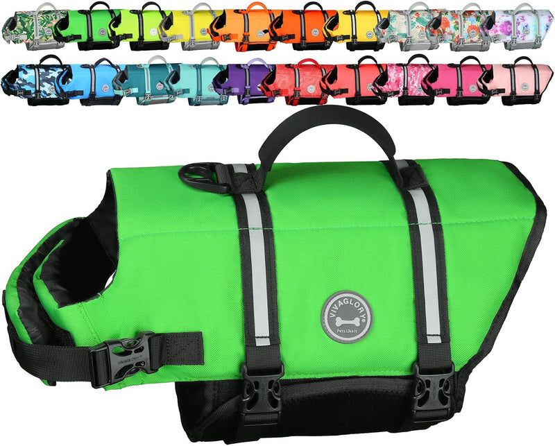 VIVAGLORY Dog Life Vest Rip Stop Dog Swim Vest, L - Bright Green / L: 25-31 inch (Ribcage Girth)