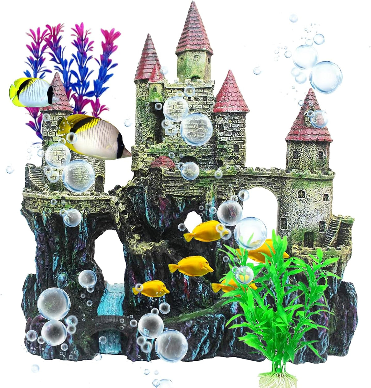 Aquarium Castle Decor, Resin Castle for Fish Tank with Randomly Color Plants Decorations - 【blue】