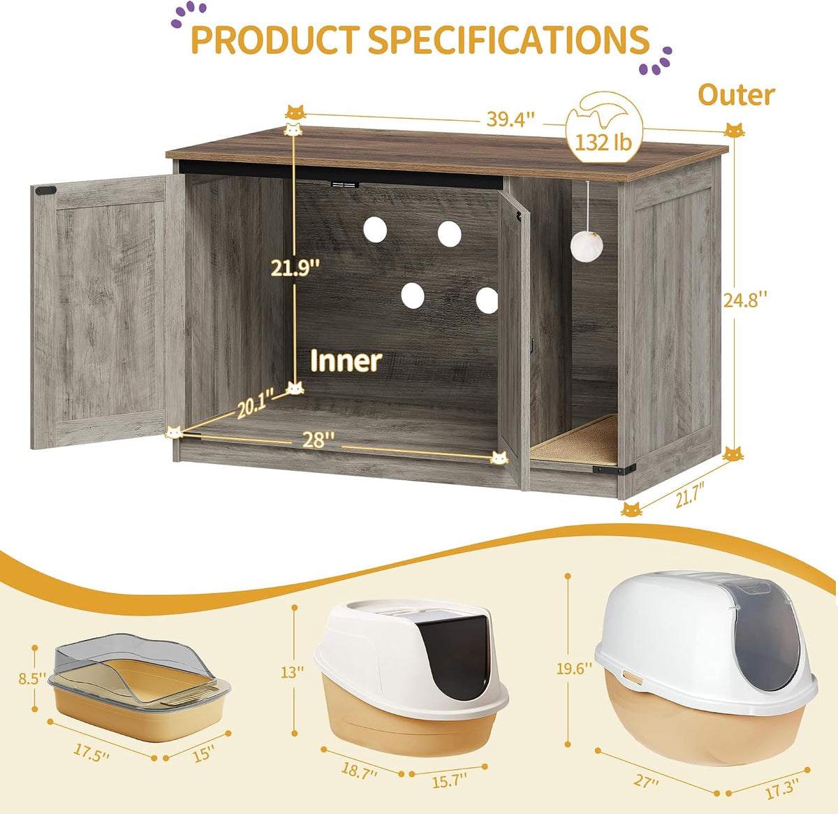 Hzuaneri Cat Litter Box Enclosure - 39.4"L x 21.7"W x 24.8"H / Light Ivory and Brown - image 4