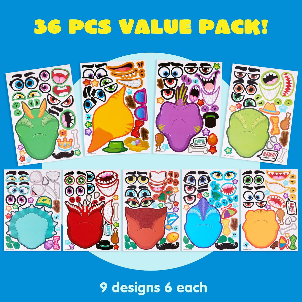 JOYIN 36 Sheets 9"x6" Make a face Stickers for Kids - Dinosaur - image 3