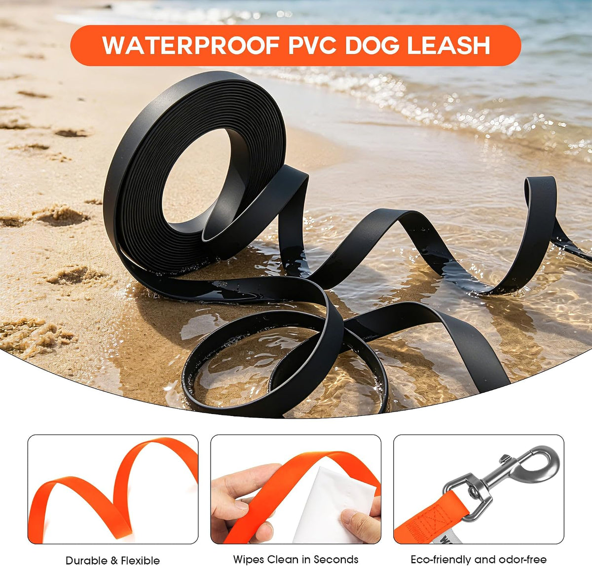 Wolfone Waterproof Dog Leash 10FT Long Line Training Leash for Dogs – Essentials for Dogs - 10ft x 0.75 IN / Orange - image 2