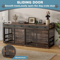 86.6Inch Large Double Dog Crate Furniture,Heavy Duty Metal Frame Dog Crate Kennel with Adjustable Feeder Bowls and Removable Divider&Drawers,Chew-Resistant Dog Kennel for 2 Dogs Indoor