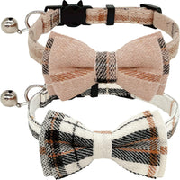 2 Pack/Set Cat Collar Breakaway with Cute Bow Tie and Bell for Kitty - Brown+Beige / Plaid