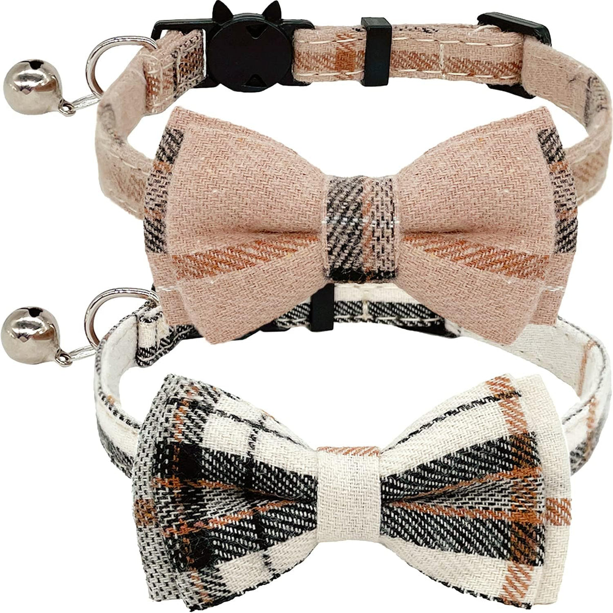 2 Pack/Set Cat Collar Breakaway with Cute Bow Tie and Bell for Kitty - Brown+Beige / Plaid