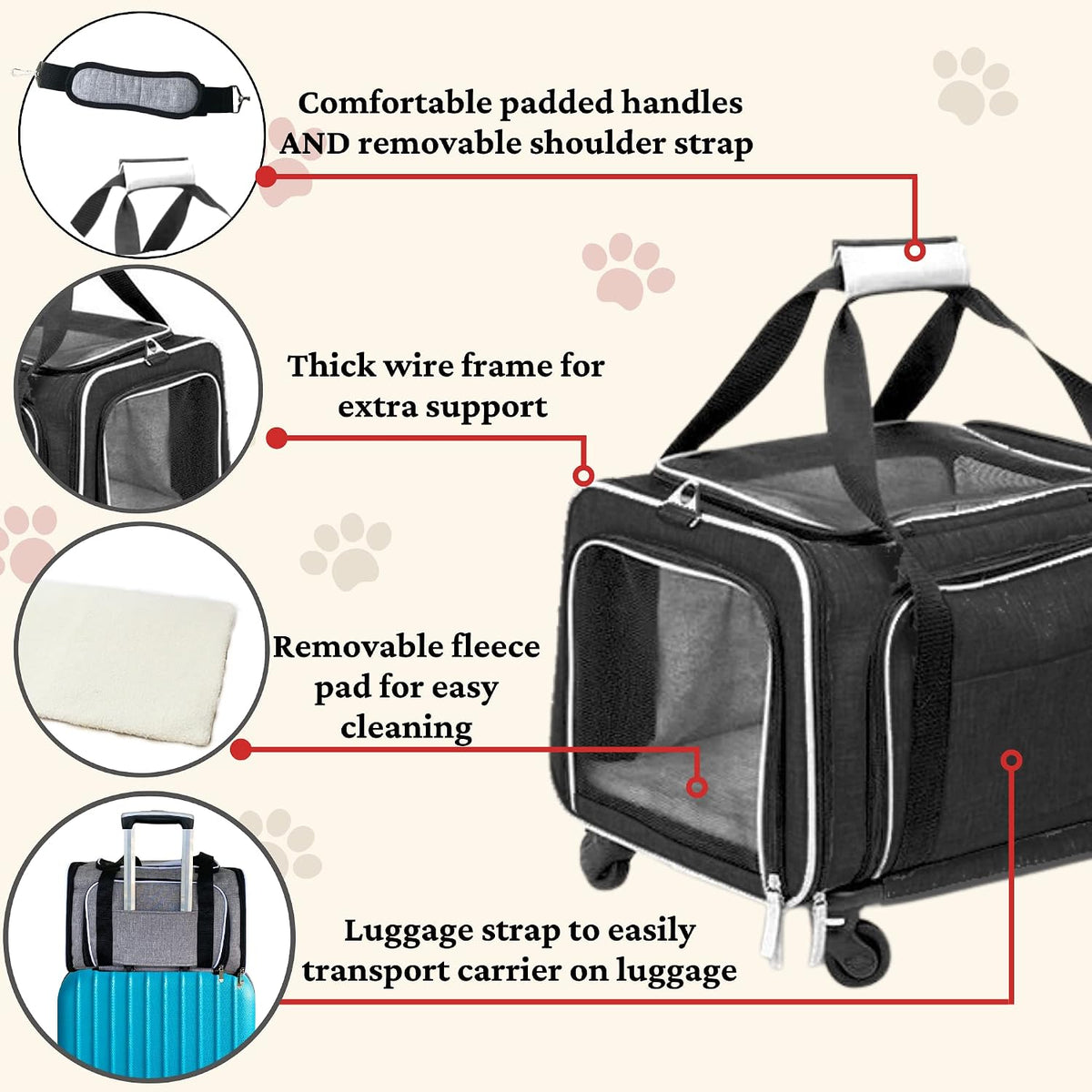 Airline Approved Expandable Premium Pet Carrier on Wheels - BLACK - image 2