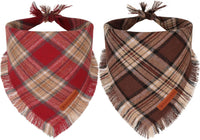 Two red and brown plaid fall dog bandanas with fringe edges, large