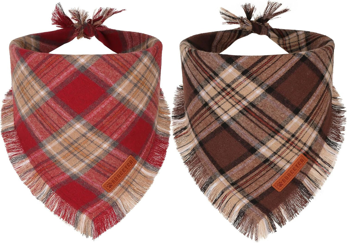 Two red and brown plaid fall dog bandanas with fringe edges, large