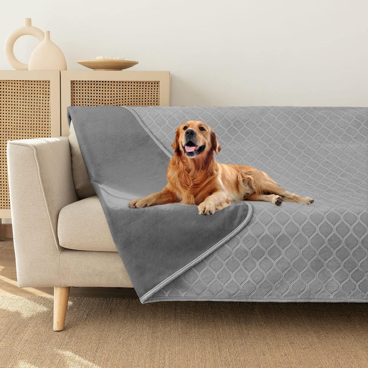 Waterproof Dog Blanket, Soft Reversible Throw for Couch & Bed Protection – Essentials for Dogs - Light Grey+grey / 52x82 Inch (Pack of 1)