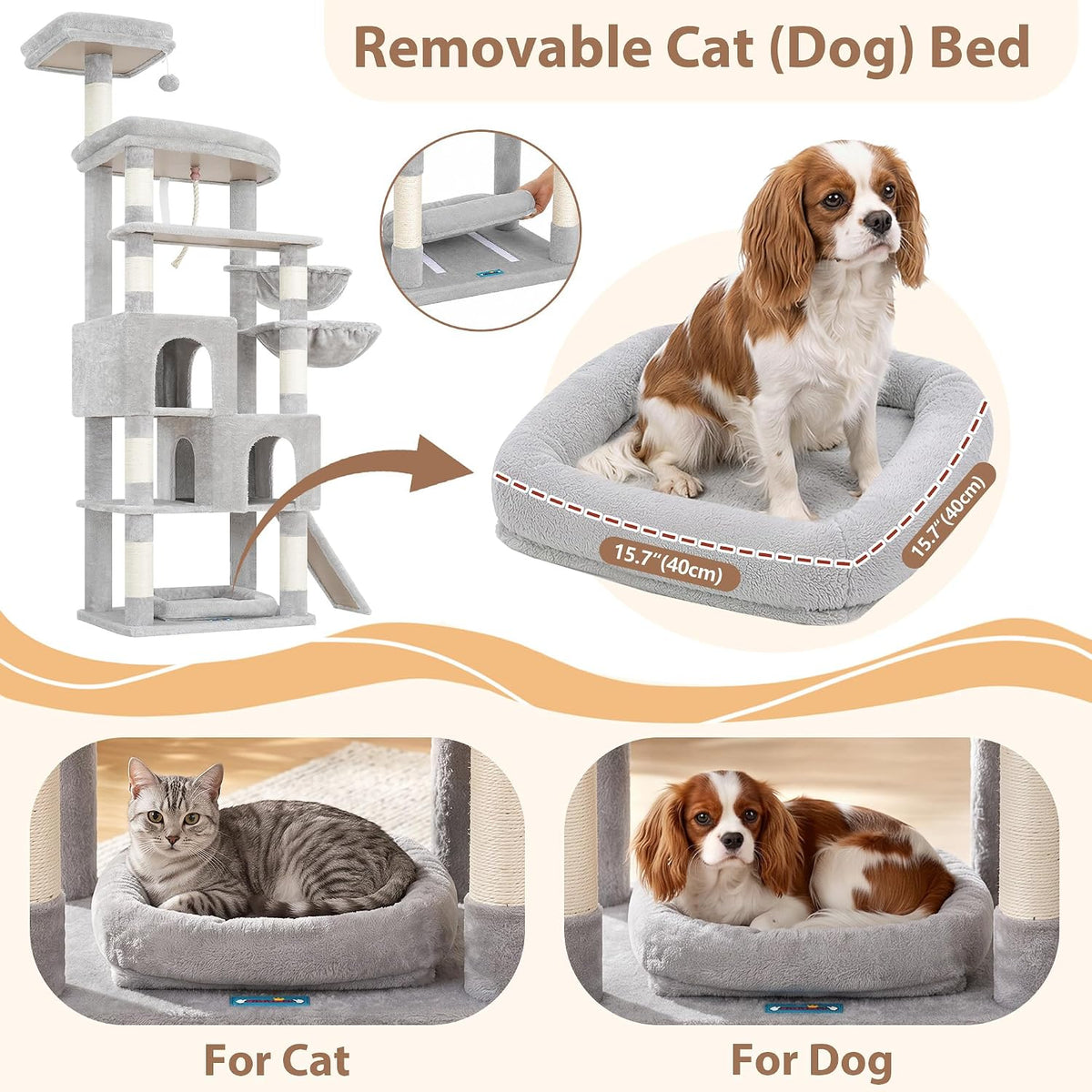 Cat Tree Tower 42'' with Condo, Indoor Scratching Post GCT005SG – Essentials for Cats - Light gray / 74.4 inch - image 4